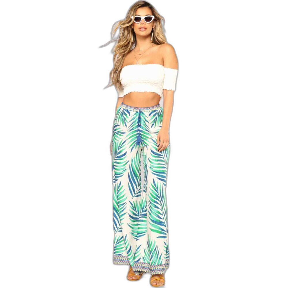 Dejavu Wide Leg Palazzo Pant Flowy Elastic Waist Tassels Size Small Vacation